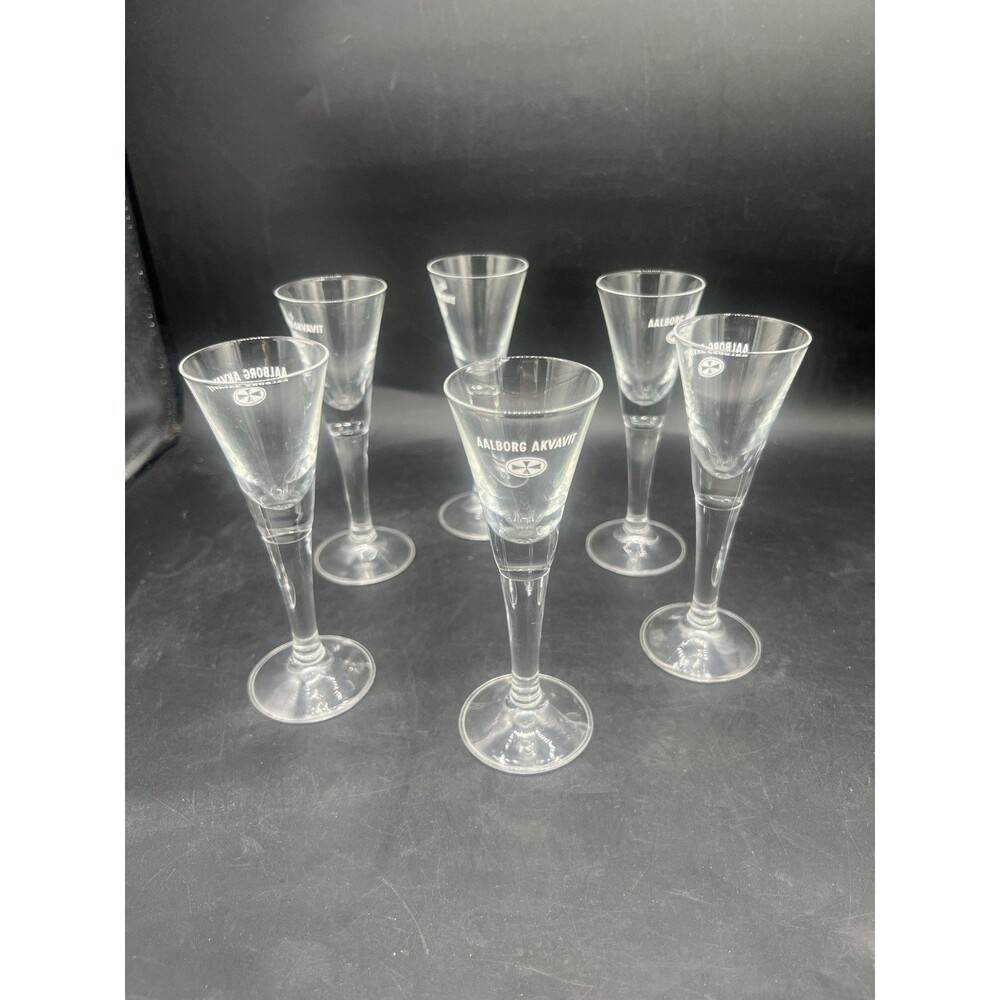 Vintage Aalborg Akvavit Cordial Shot Glasses Stemmed Schnapps Set of 6 Denmark